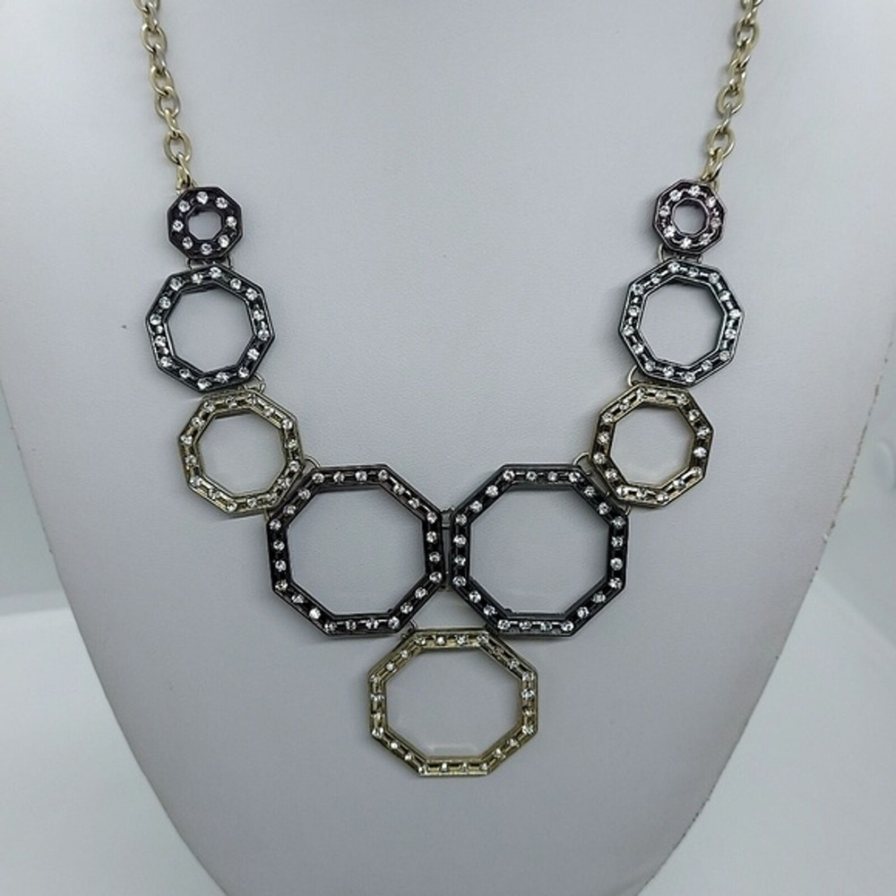 Mixed Metal Tones Rhinestone Hexagon Bib Statement Necklace
